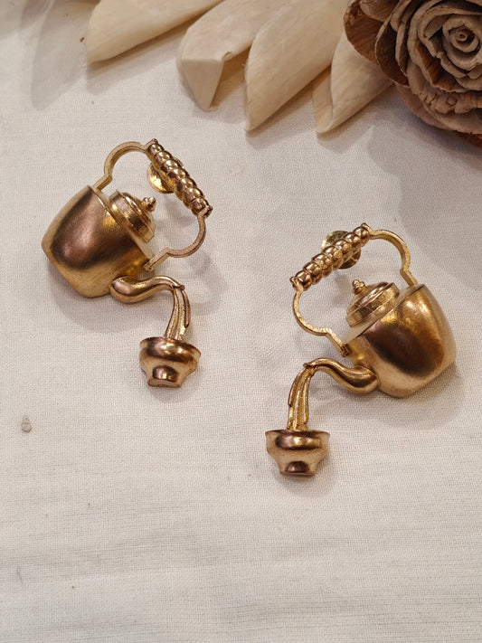 Kettle pouring tea design brass stud earrings
