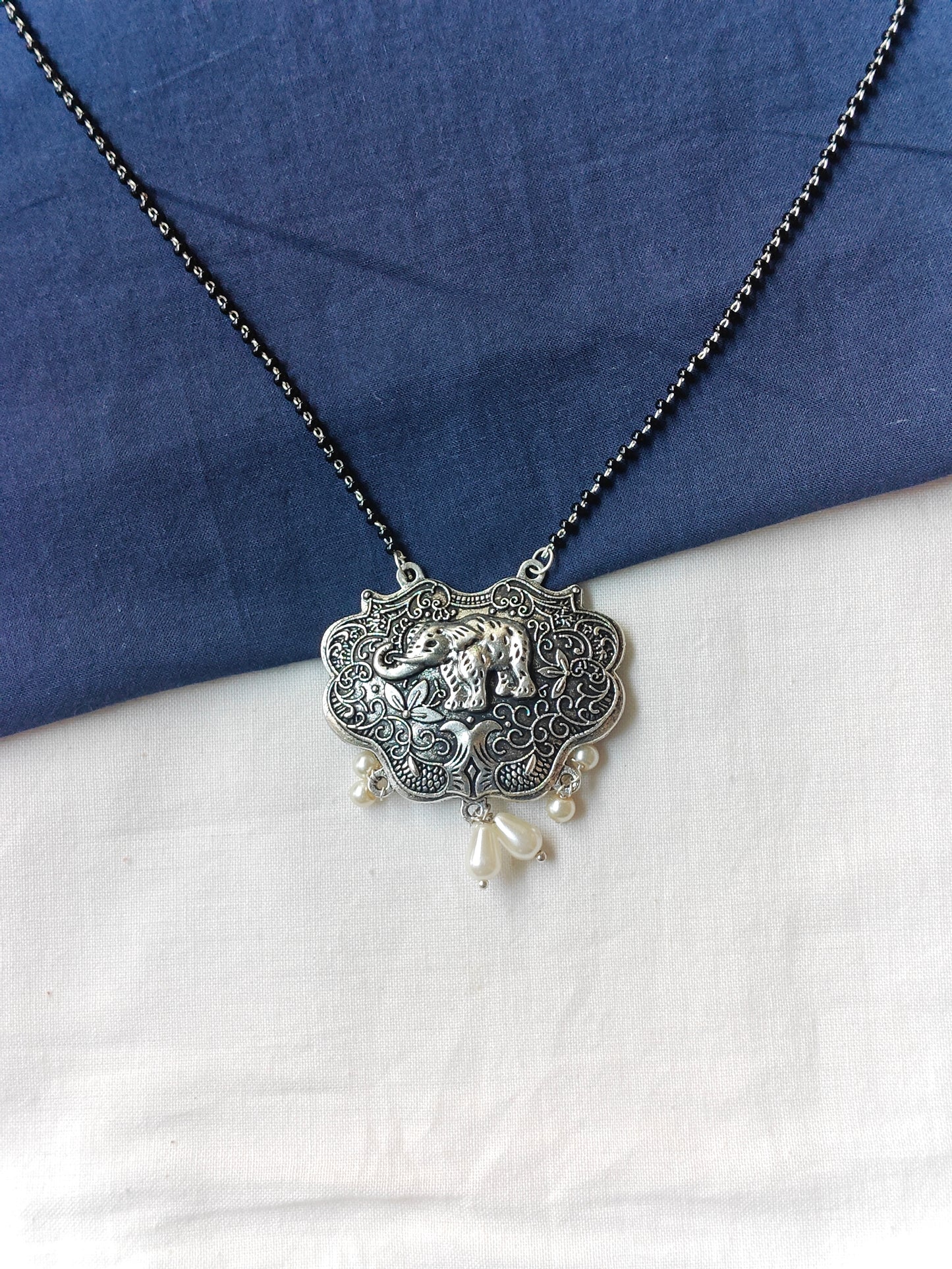 Elephant motif oxidised silver look pendant black beads necklace