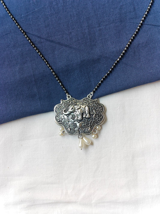 Elephant motif oxidised silver look pendant necklace