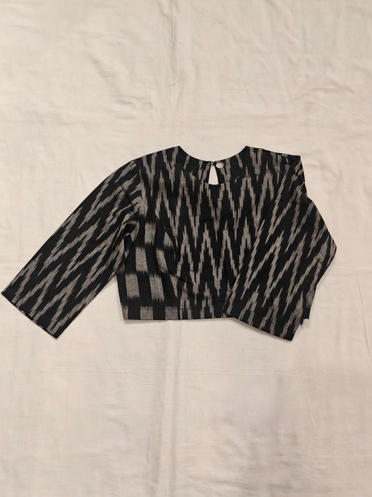 Black n grey ikat elbow sleeves handloom cotton crop top / blouse