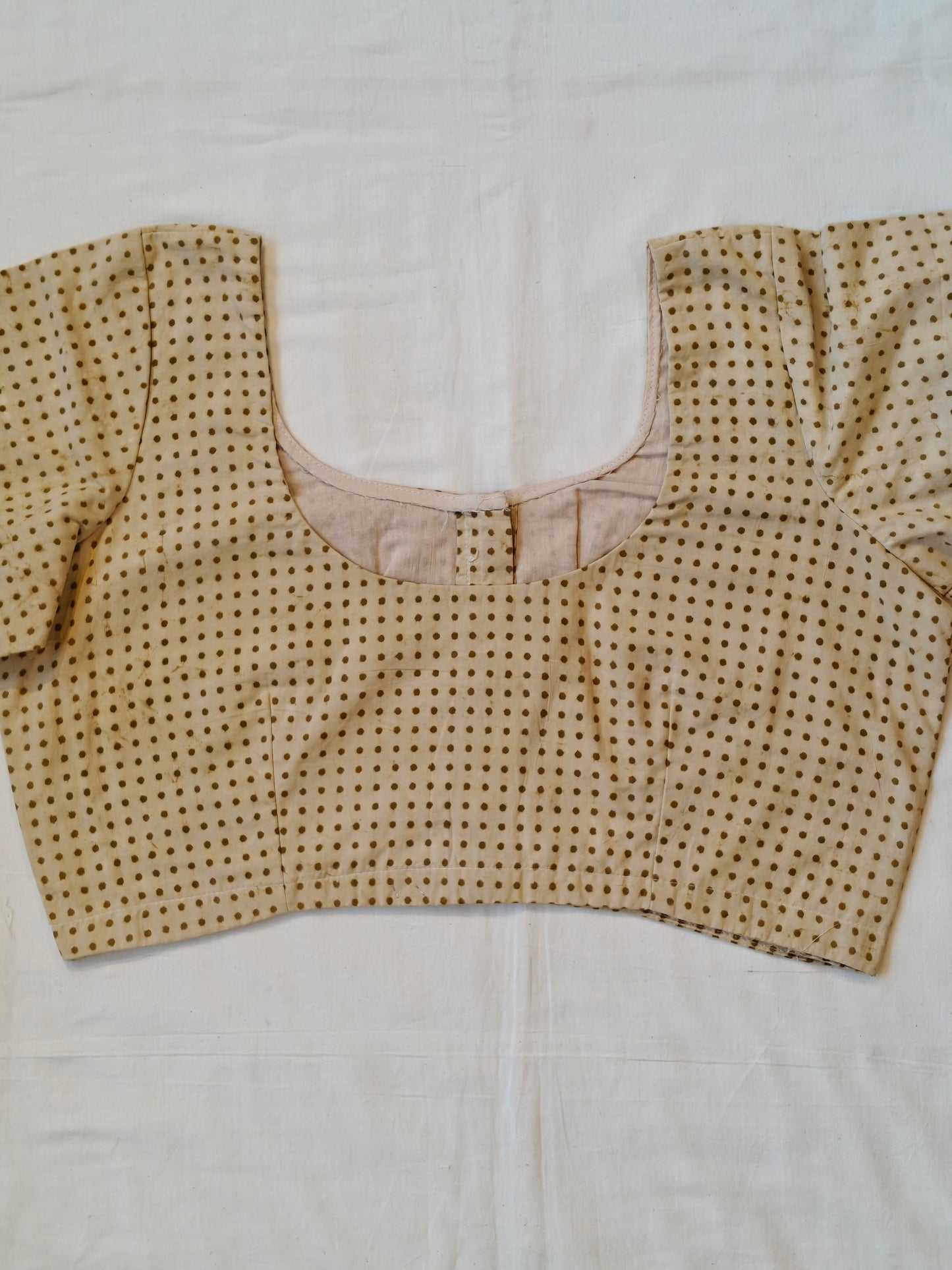 Polka dots on cream base hand block printed cotton elbow sleeves blouse
