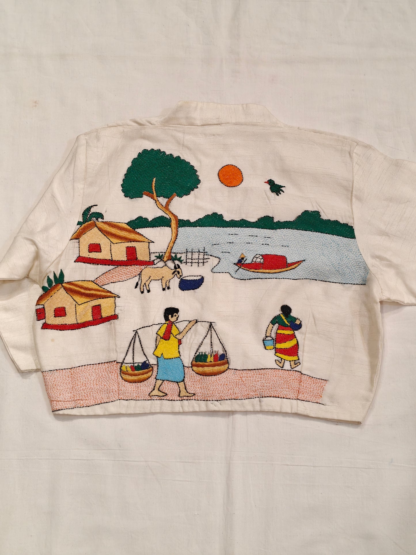 Village scene Kantha hand embroidery on off white silk - elbow sleeves blouse