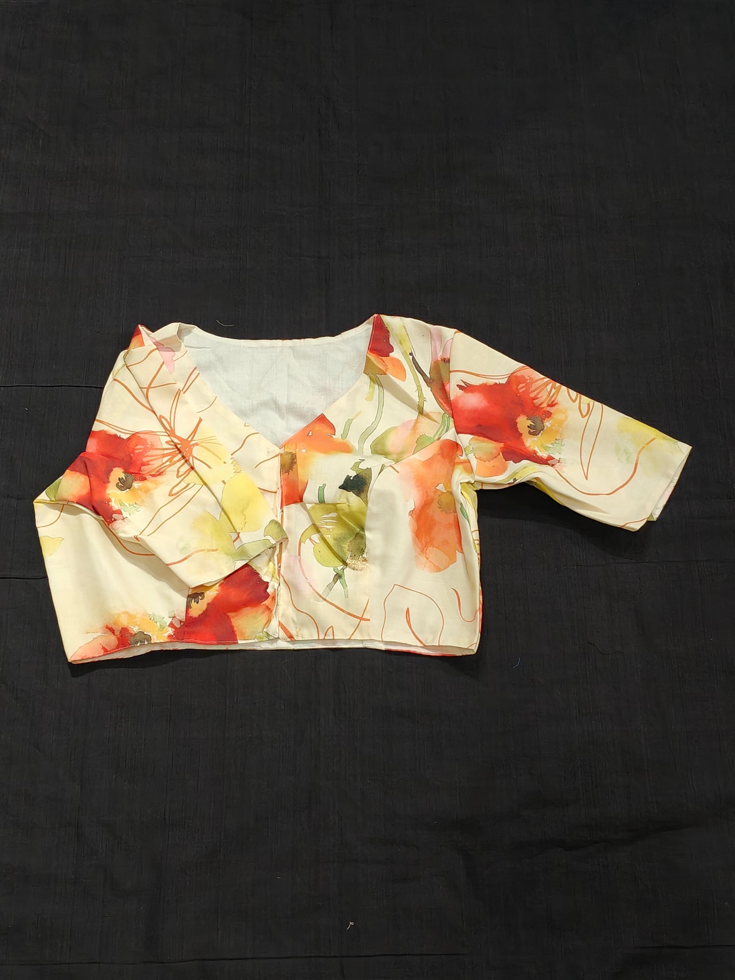 Floral printed on cream elbow sleeves blouse