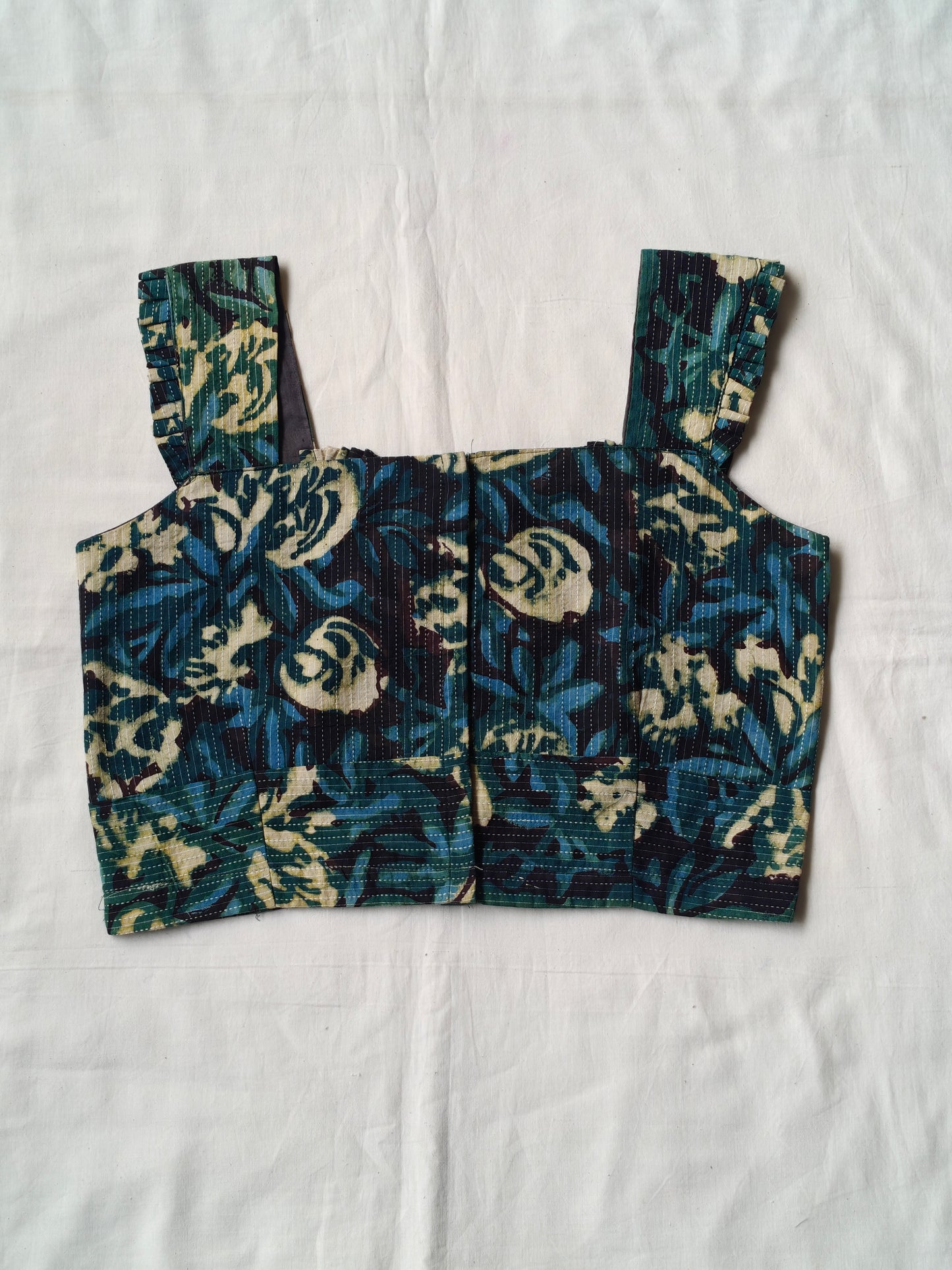 Green floral handblock printed textured cotton sleeveless blouse