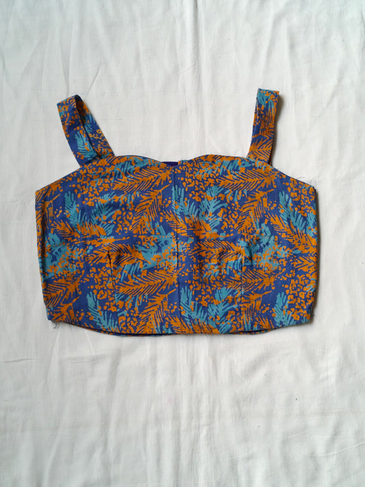 Blue and orange leaves patterned handblock printed handloom cotton blouse