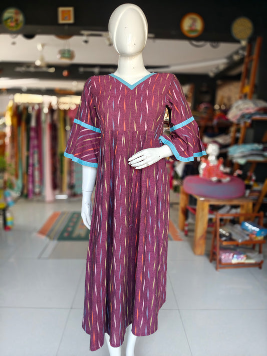 Maroon with multicolour ikat dress with bell sleeves and blue accents