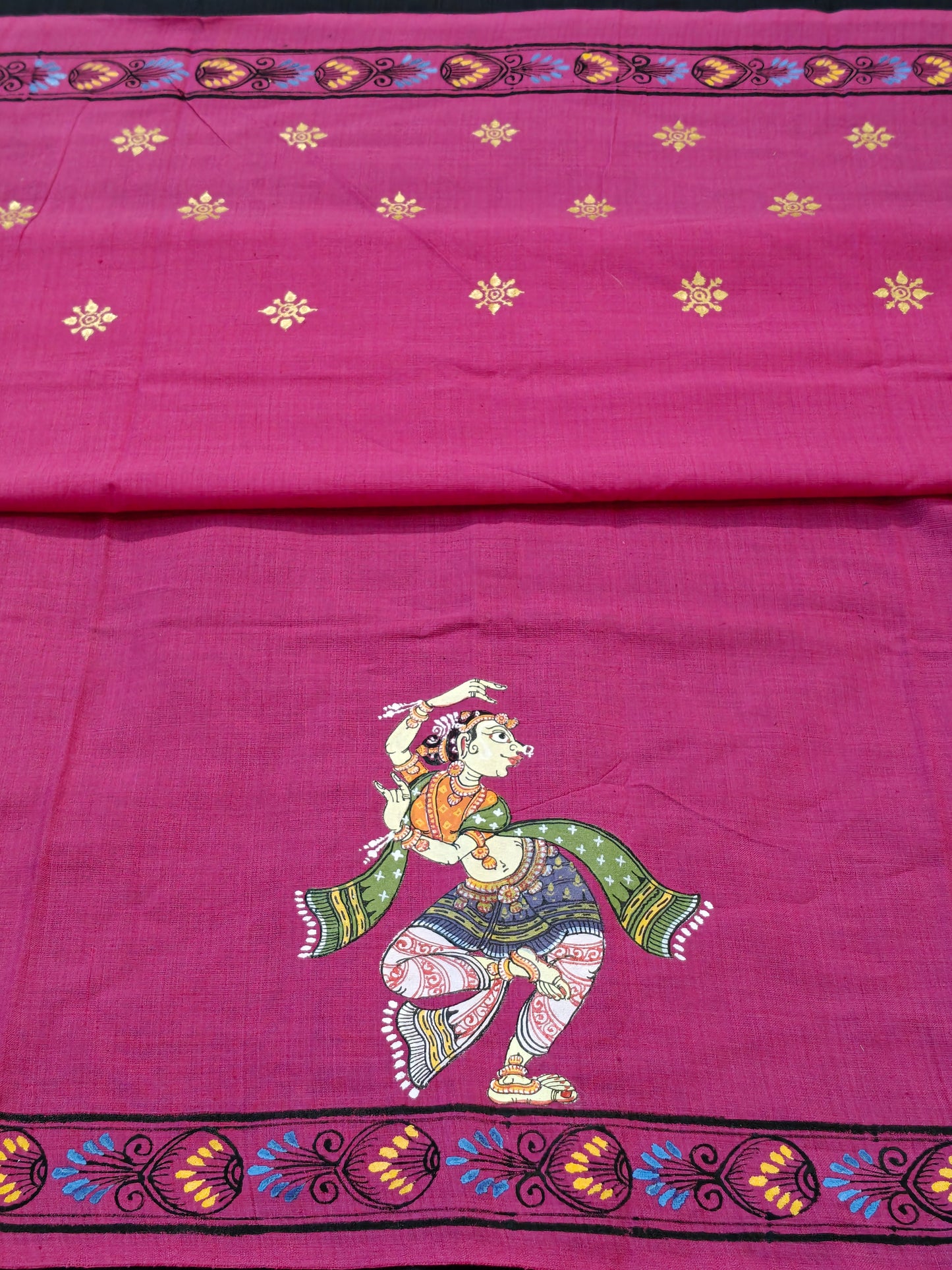 Patachitra hand-painted unstitched blouse piece with back and sleeves design - Handwoven cotton base