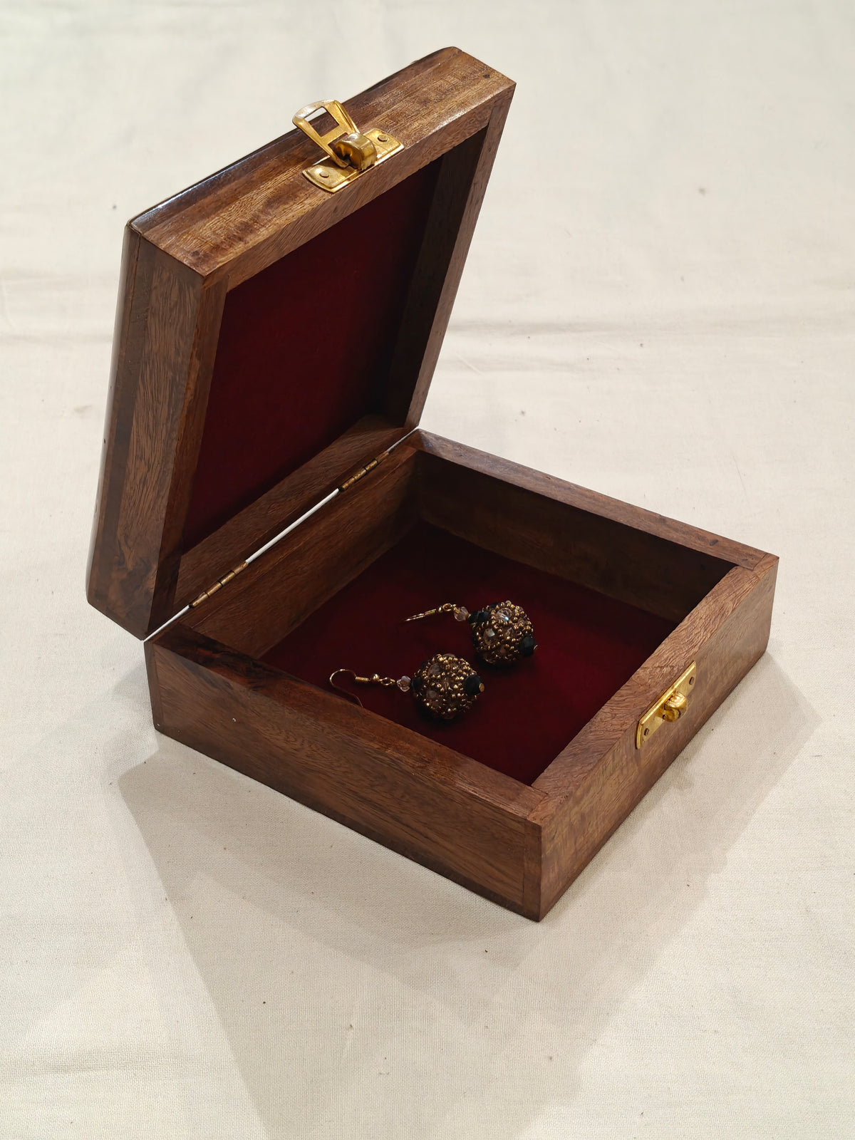 Brass inlay work wooden jewellery box - 5 × 5 × 2.5 Inches