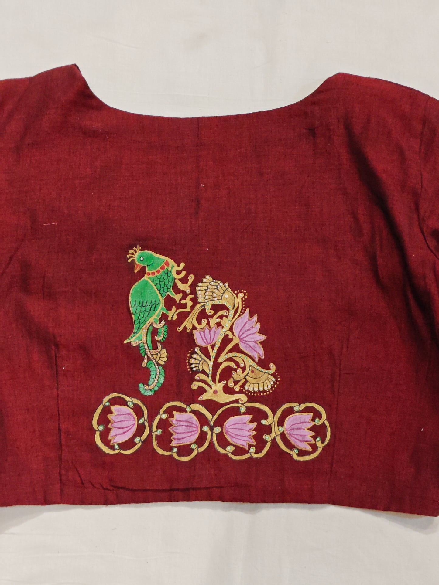 Maroon handloom cotton elbow sleeves hand-painted lotuses and bird blouse with borders