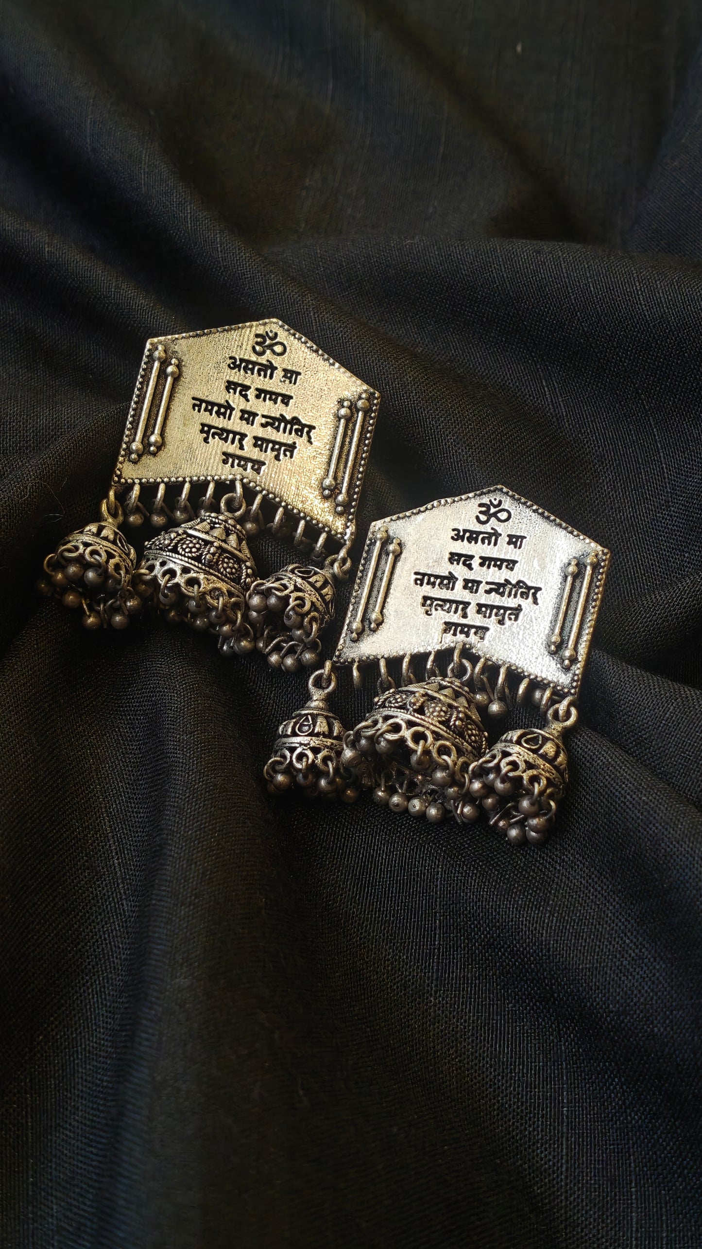 Oxidised look jhumka stud earrings with “Asato ma sadgamaya” Pavamana mantra