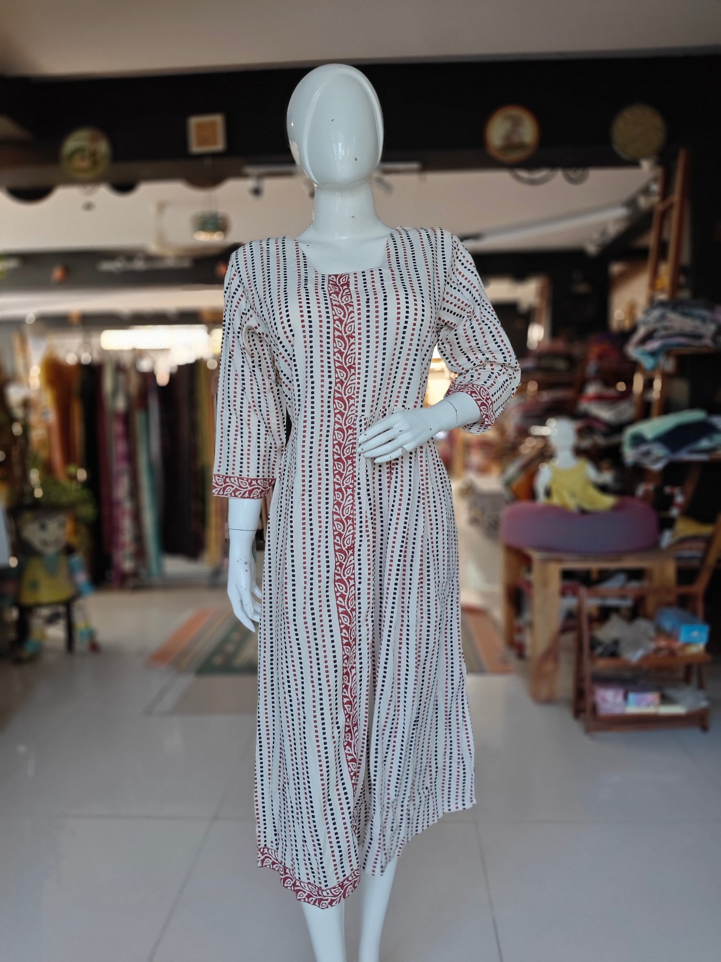 White cotton dress with hand block black and brown dotted prints