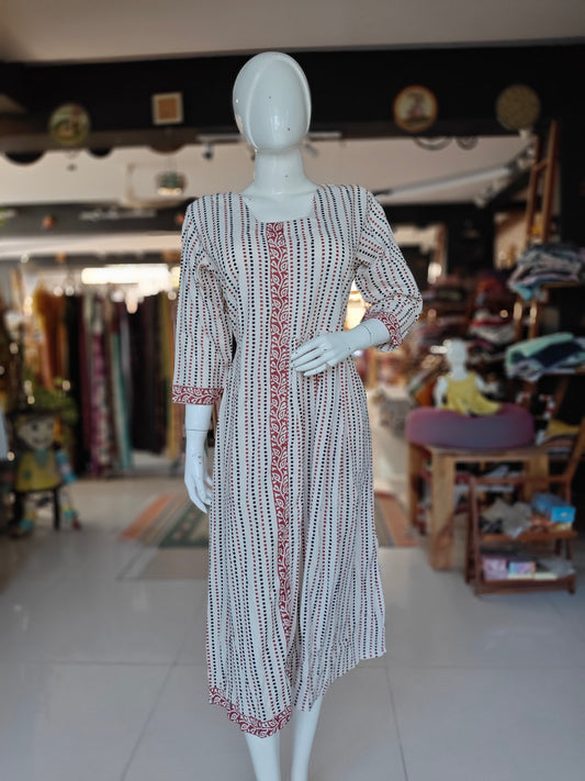 White cotton dress with hand block black and brown dotted prints