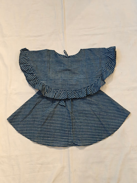 Indigo natural dyed striped poncho style cotton handloom top and skirt coord set for girls