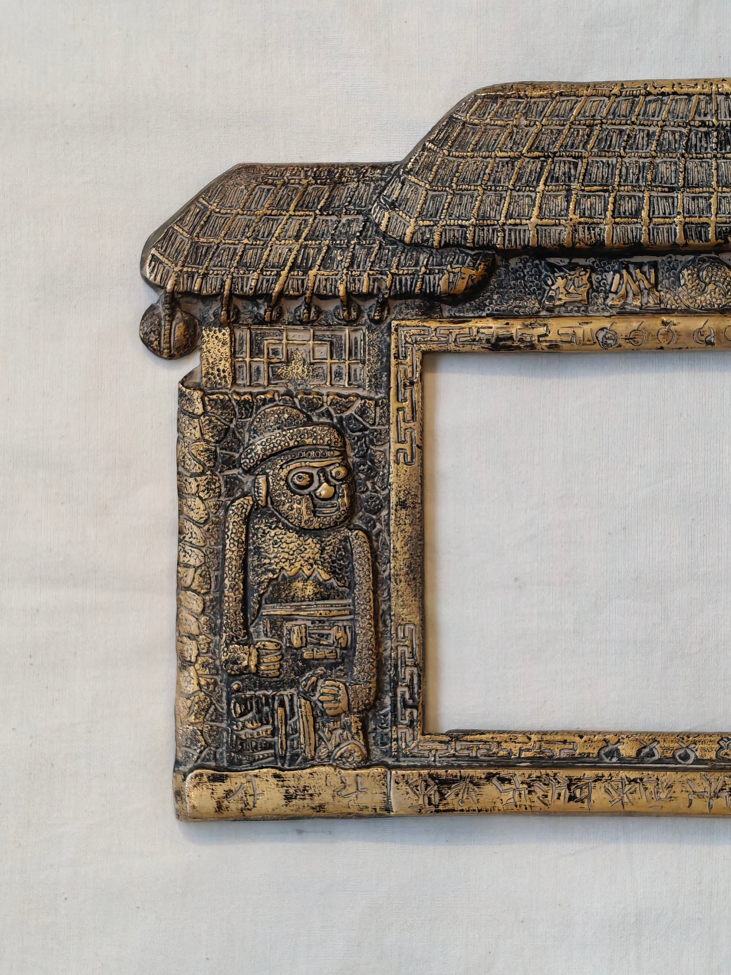 Vintage brass handcrafted wall frame -  architecture and guardian statues