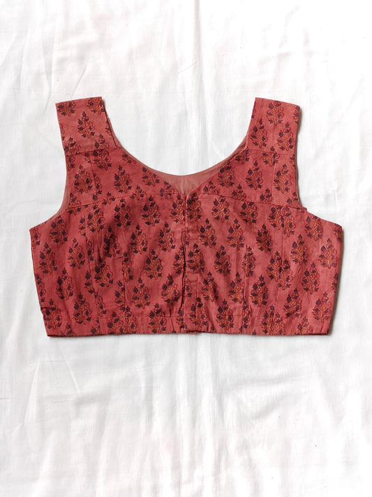 Pink sleeveless floral hand block printed cotton blouse