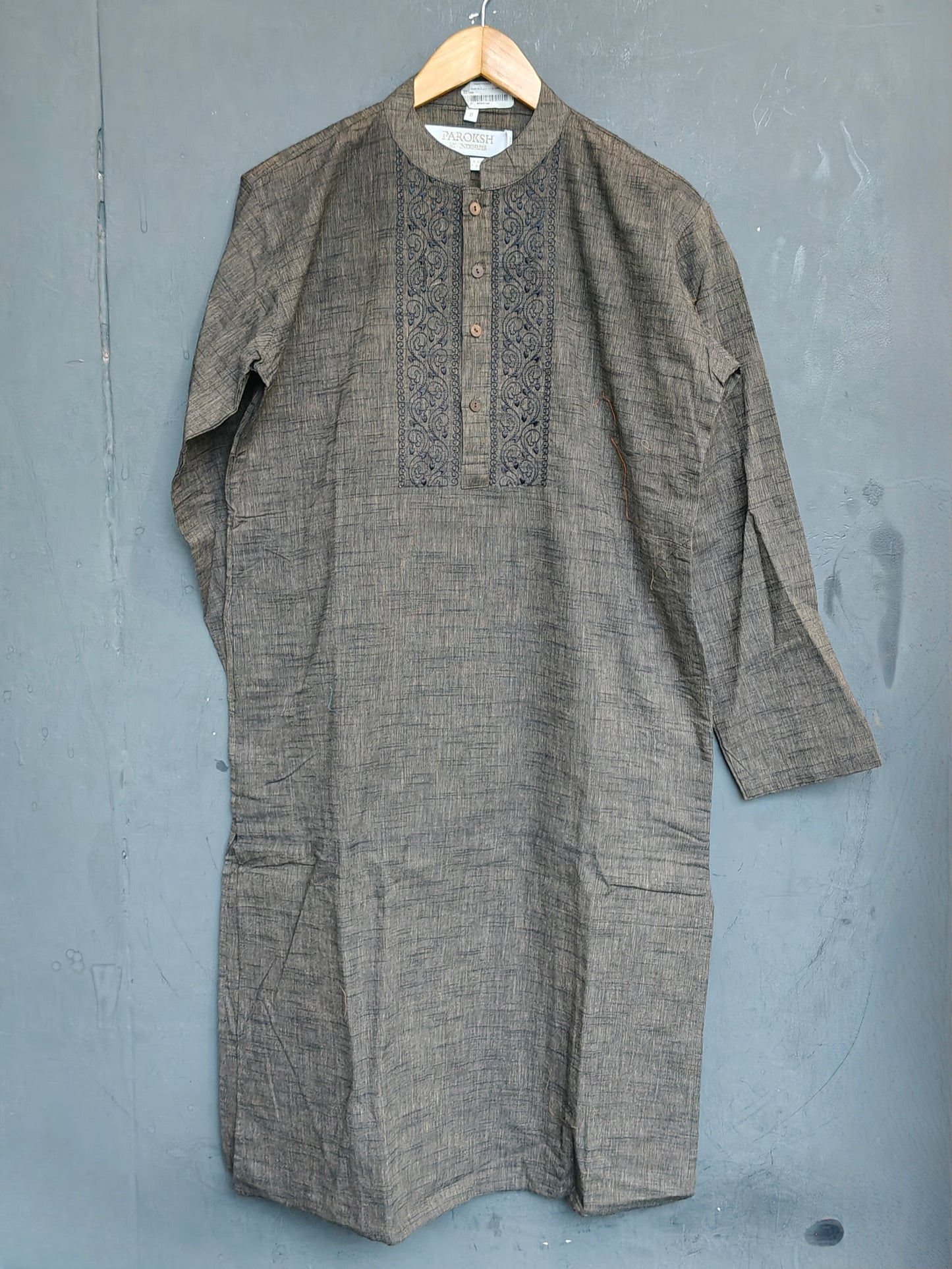 Seaweed green embroidered cotton long kurta for men