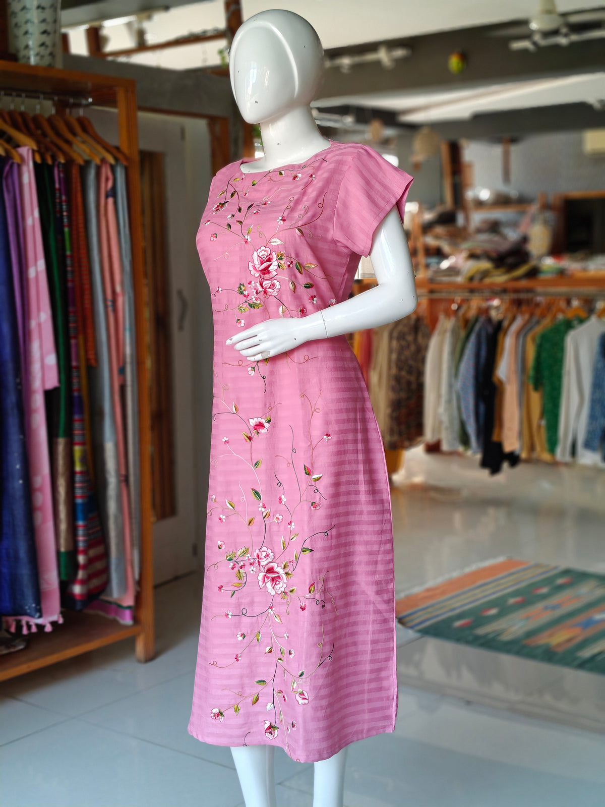 Pink striped with floral embroidery short sleeved a-line dress