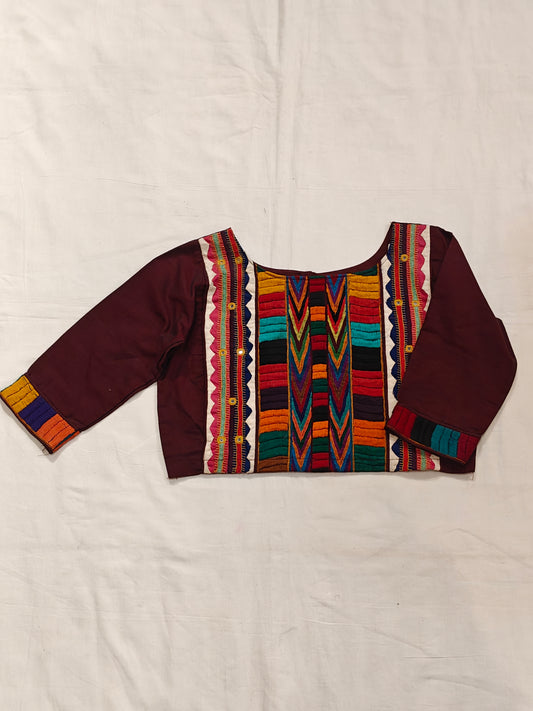 Maroon hand embroidered elbow sleeves cotton blouse