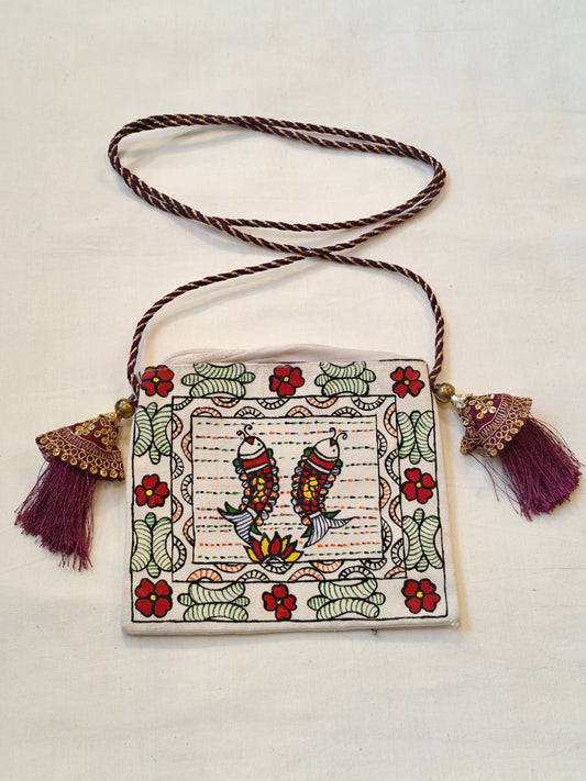 Handpainted on off white base fabric pouch with zipper closure, Tassles and sling - multiple designs available