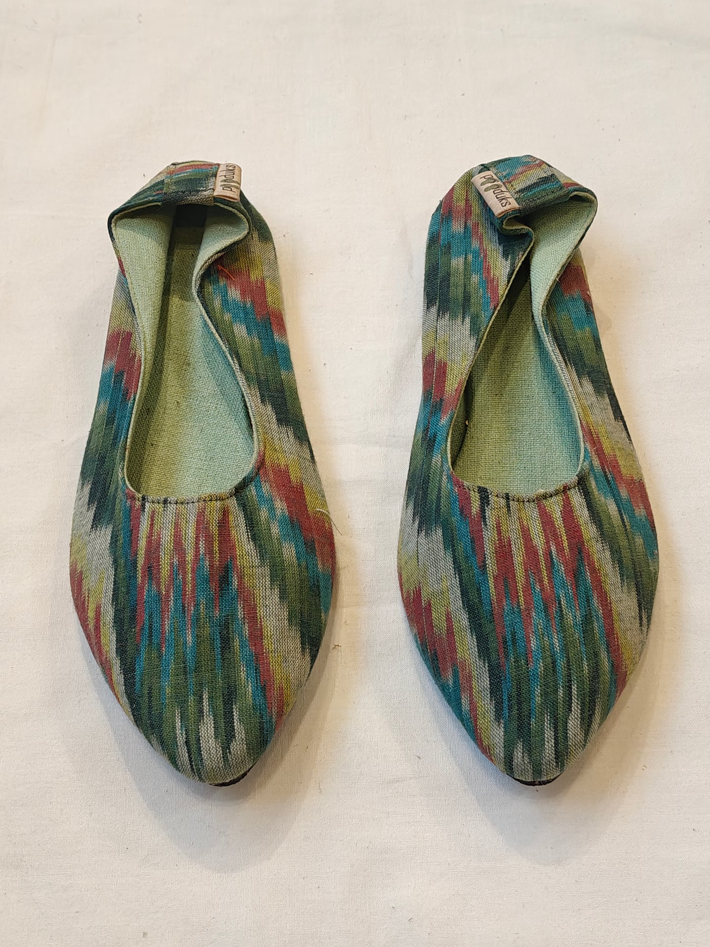 Women foxy green ikat cotton mace shoe with upcycled tyre base