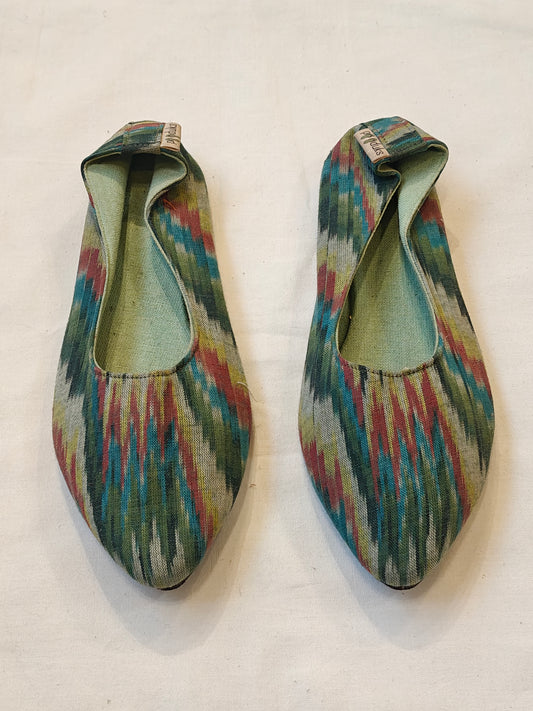 Women foxy green ikat cotton mace shoe with upcycled tyre base