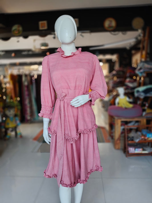 Red and white printed frilled georgette dress with waist belt