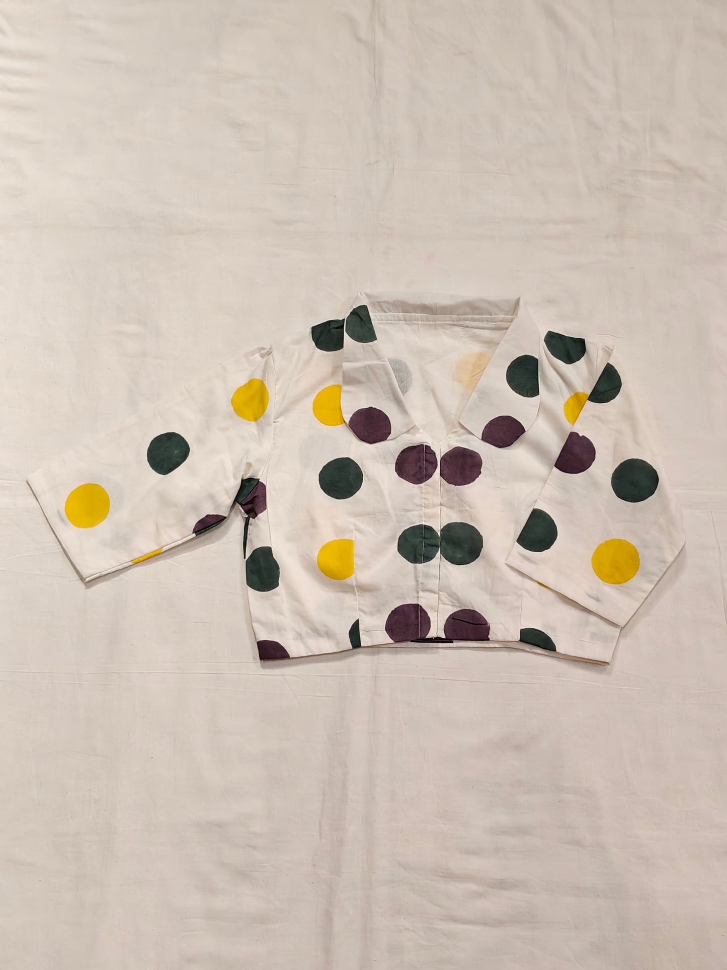 Violet, green n yellow dots on white base collared hand block printed cotton blouse