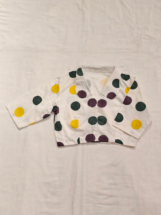 Violet, green n yellow dots on white base collared hand block printed cotton blouse