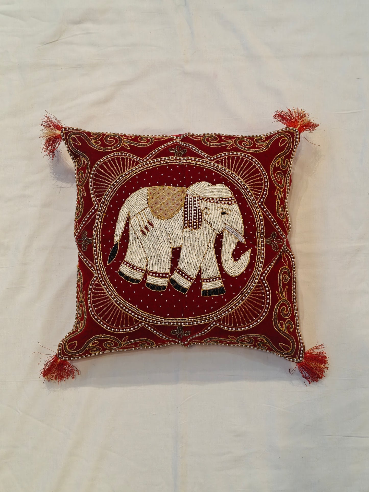 Elephant and beaded embroidered velvet cushion cover