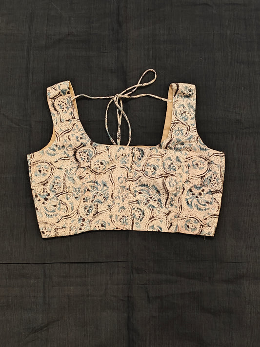 Kalamkari black n blue floral design on cream base blouse