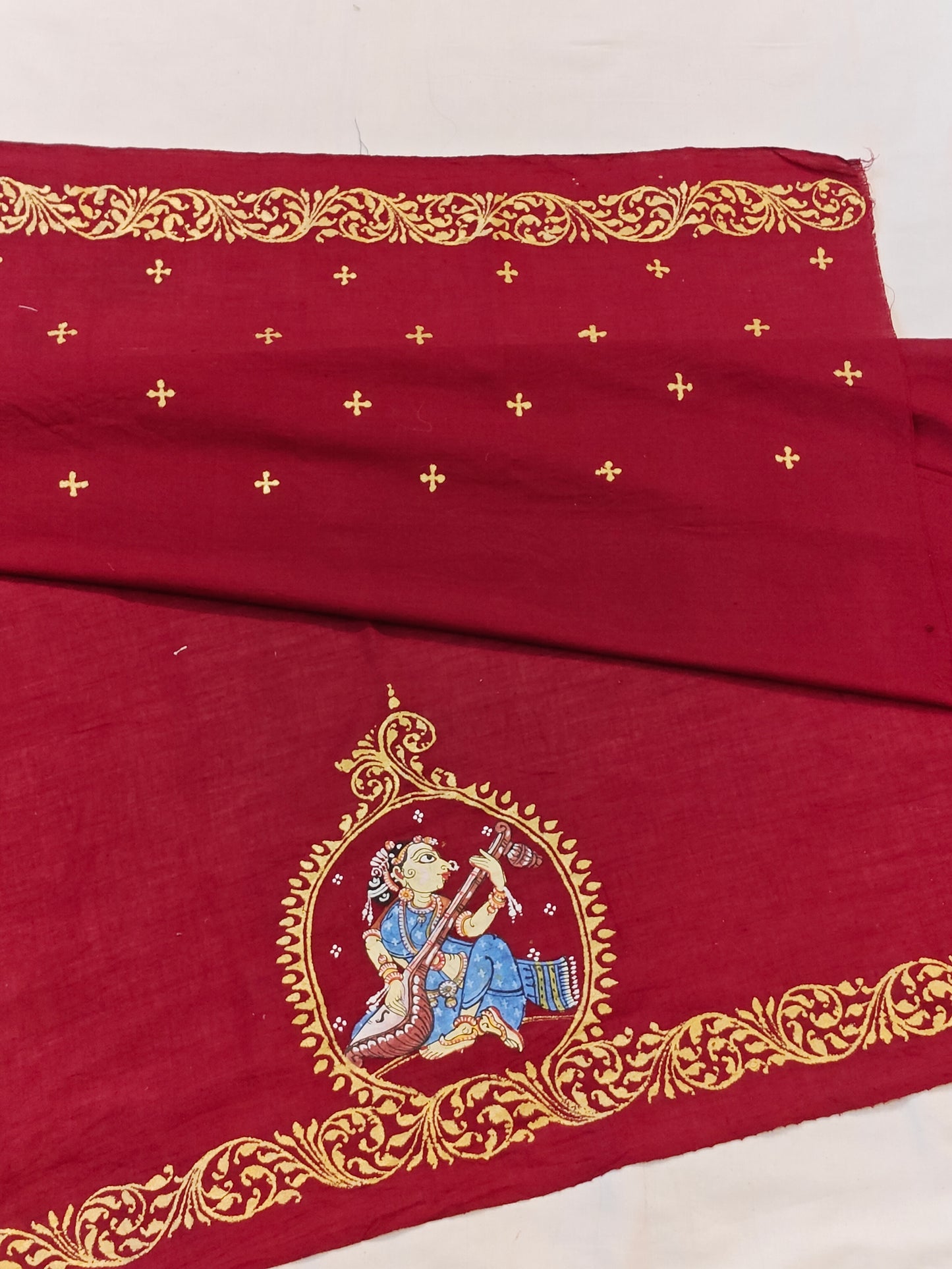 Patachitra hand-painted unstitched blouse piece with back and sleeves design - Handwoven cotton base
