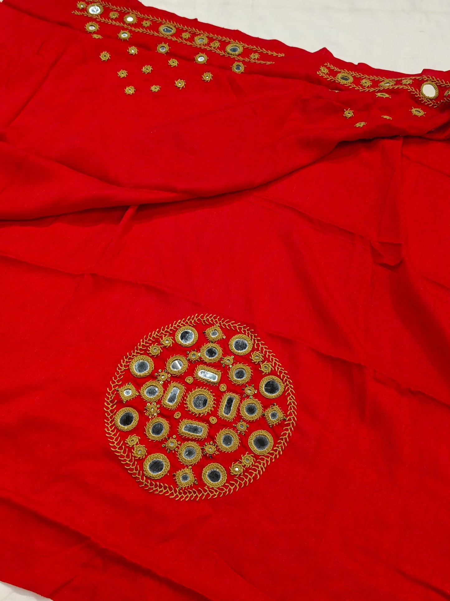 Red mirror embroidered silk unstitched blouse piece