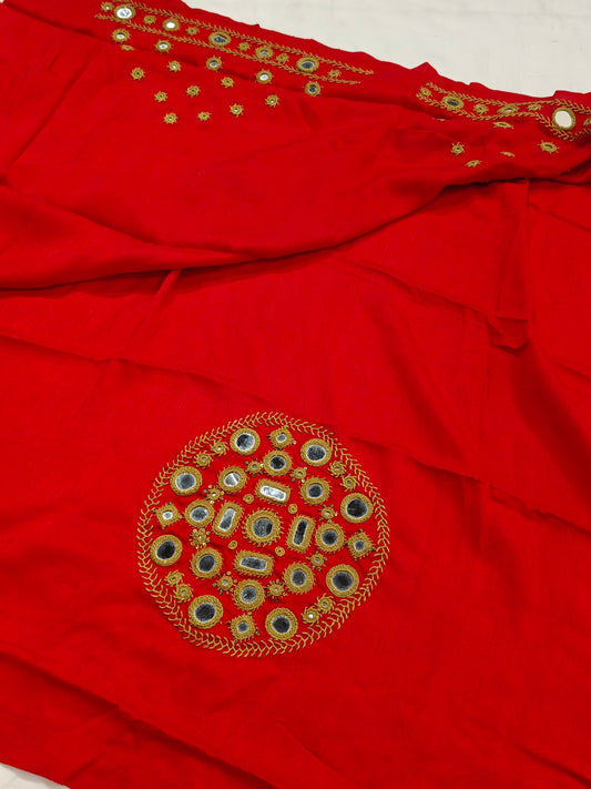 Red mirror embroidered silk unstitched blouse piece