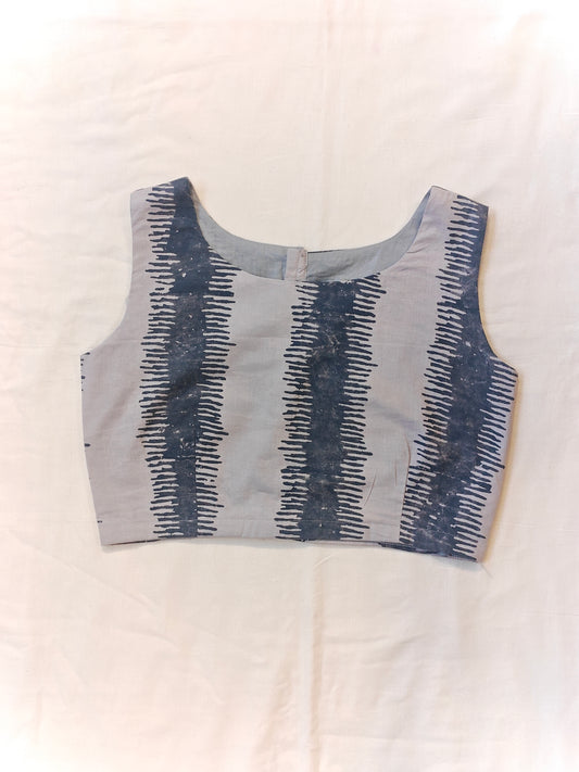Grey with dark blue striped pattern sleeveless blouse