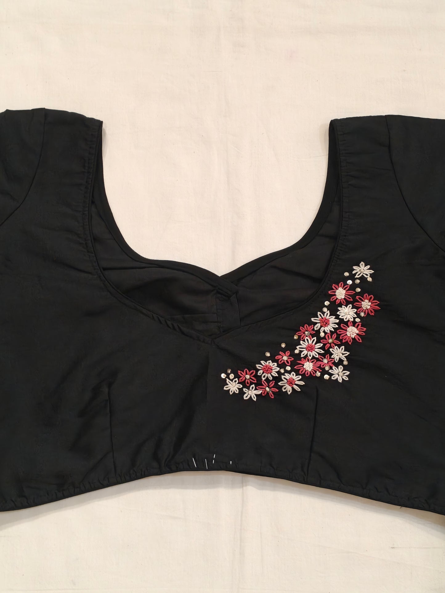 Floral Hand embroidery on black silk blouse