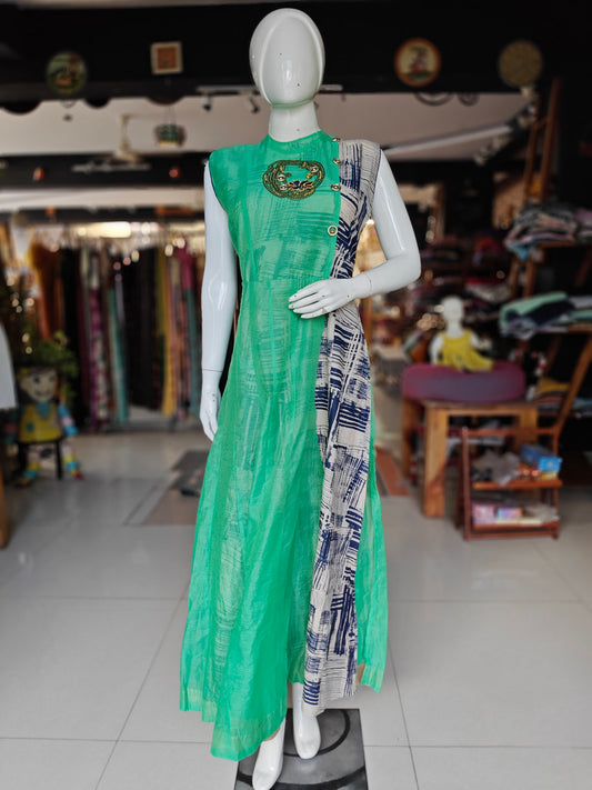 Green, Indigo n beige chanderi long dress with embroidered stone work