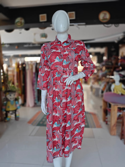 Pink and turquoise feathers printed shirt style red cotton collared dress