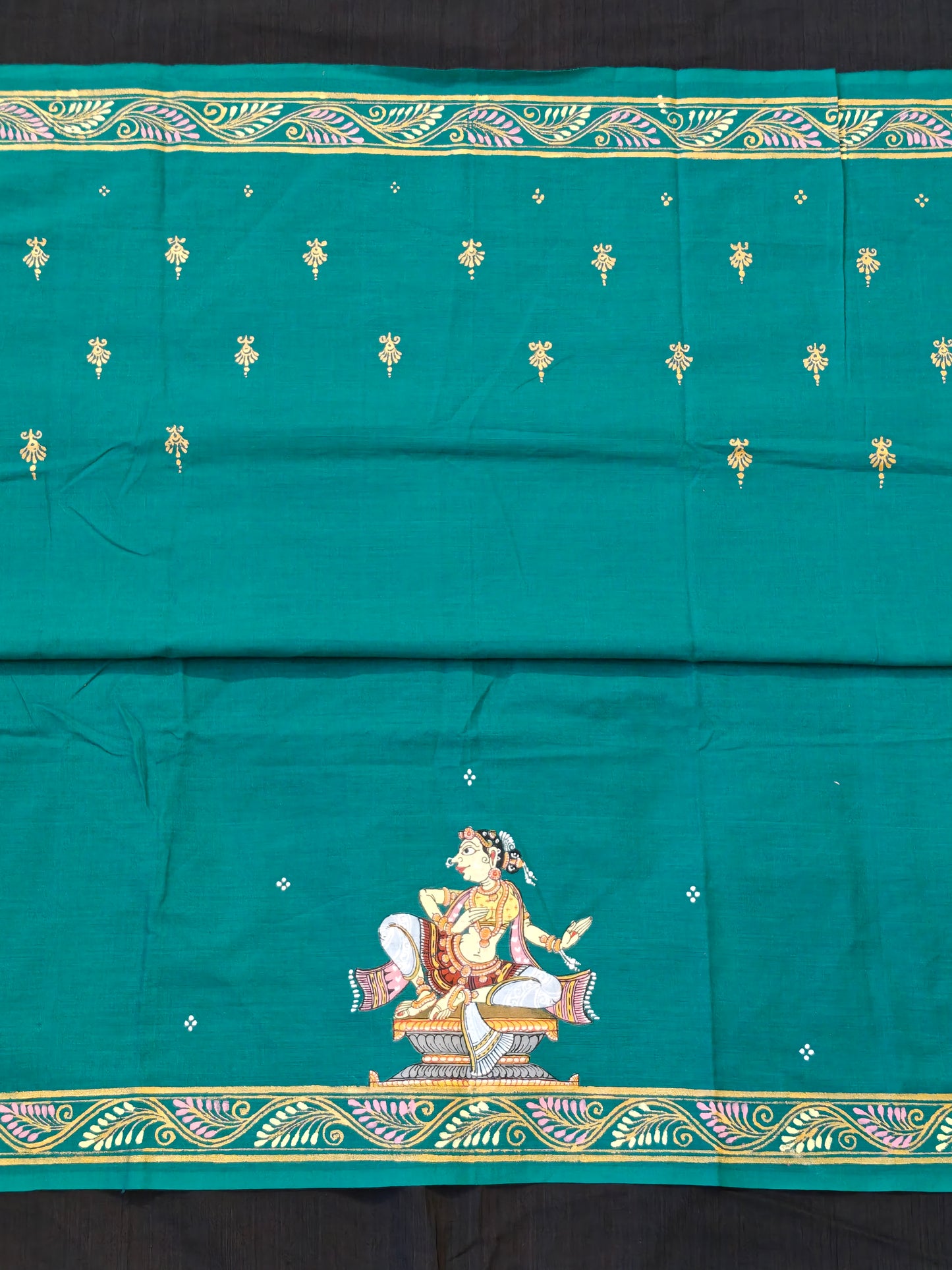 Patachitra hand-painted unstitched blouse piece with back and sleeves design - Handwoven cotton base