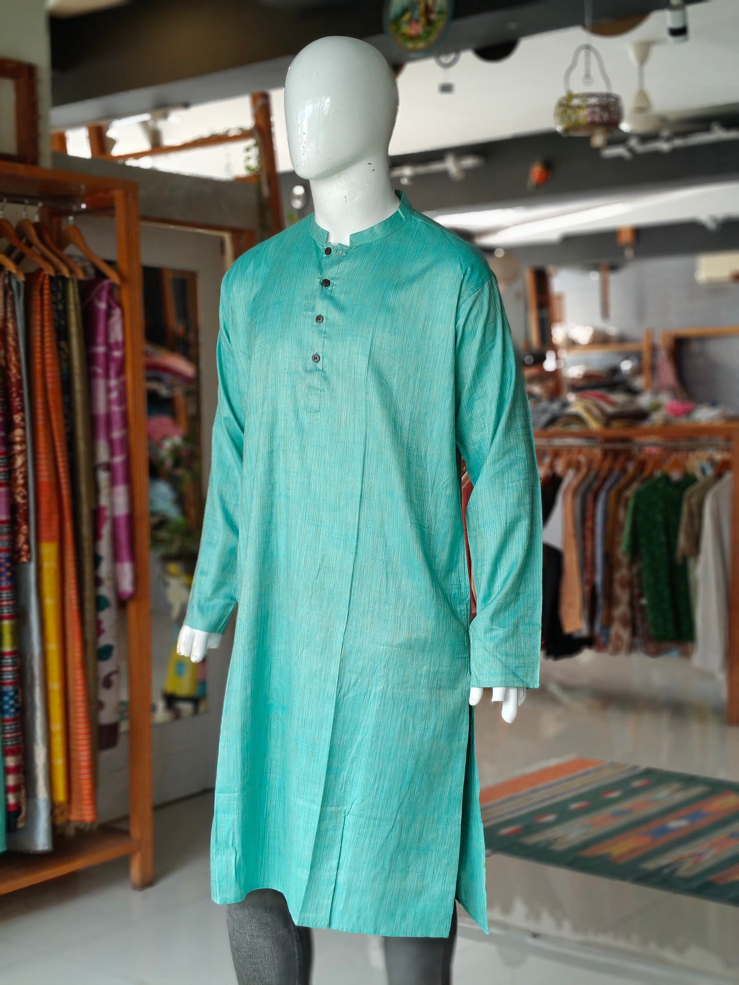 Vibrant teal full sleeves long kurta for men