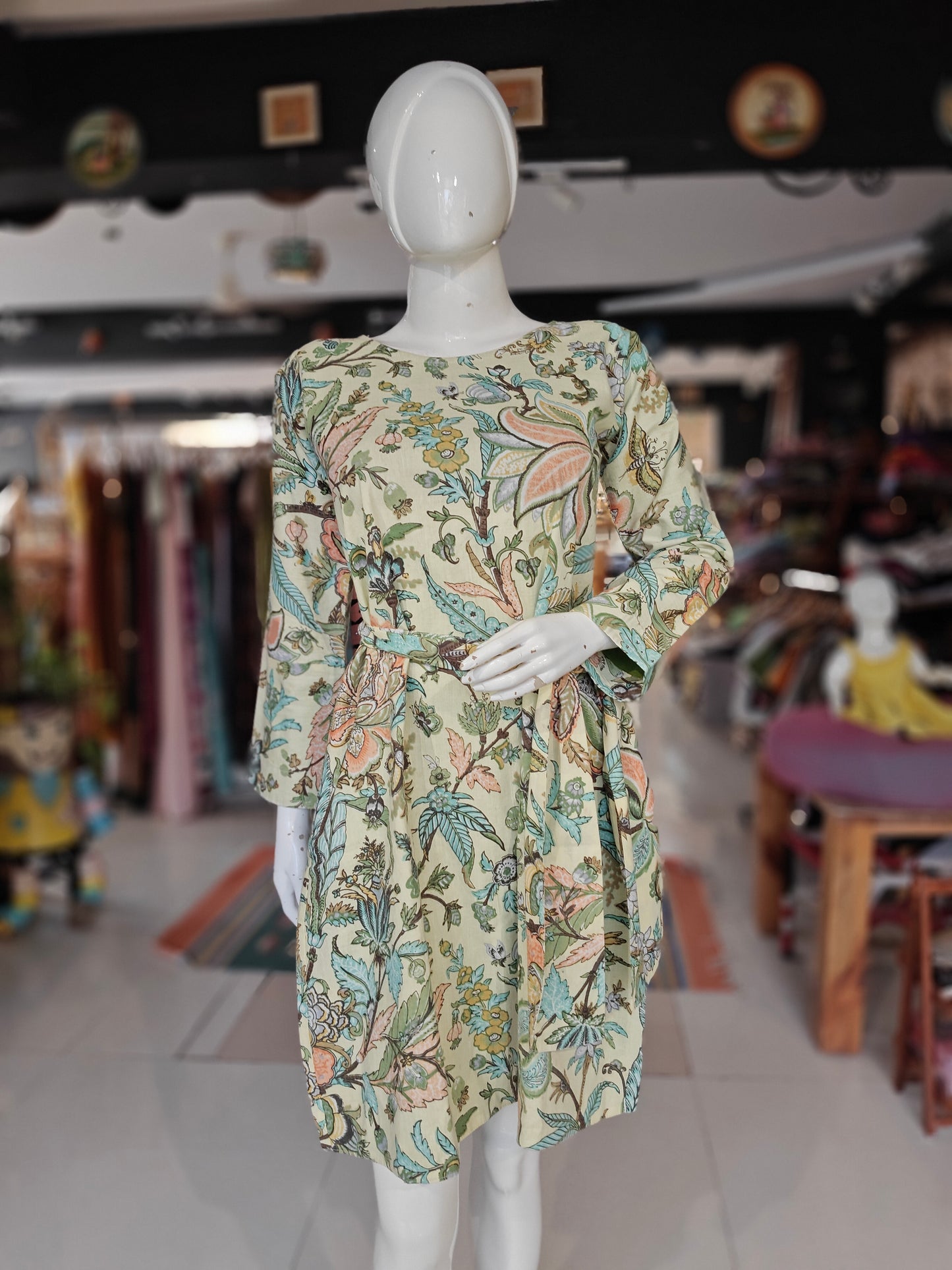Light yellow floral printed dress with waist belt - long sleeves