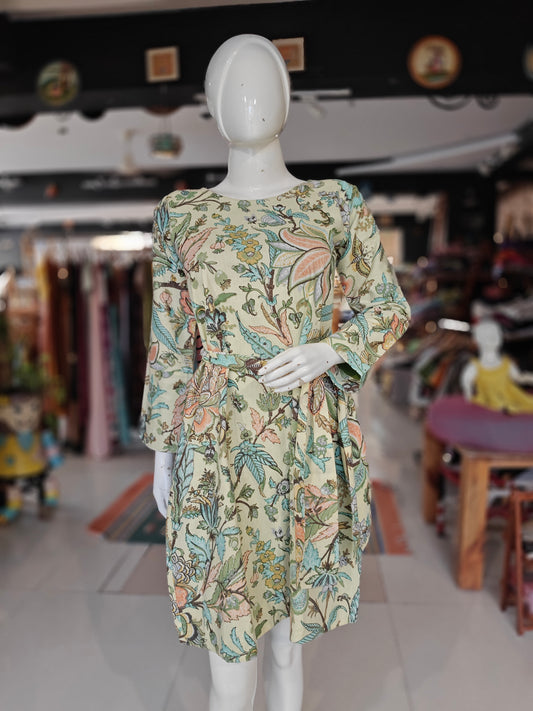 Light yellow floral printed dress with waist belt - long sleeves