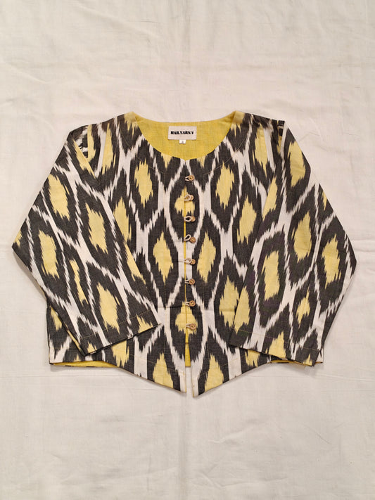 Yellow, black n white ikat handloom cotton blouse / jacket / crop top