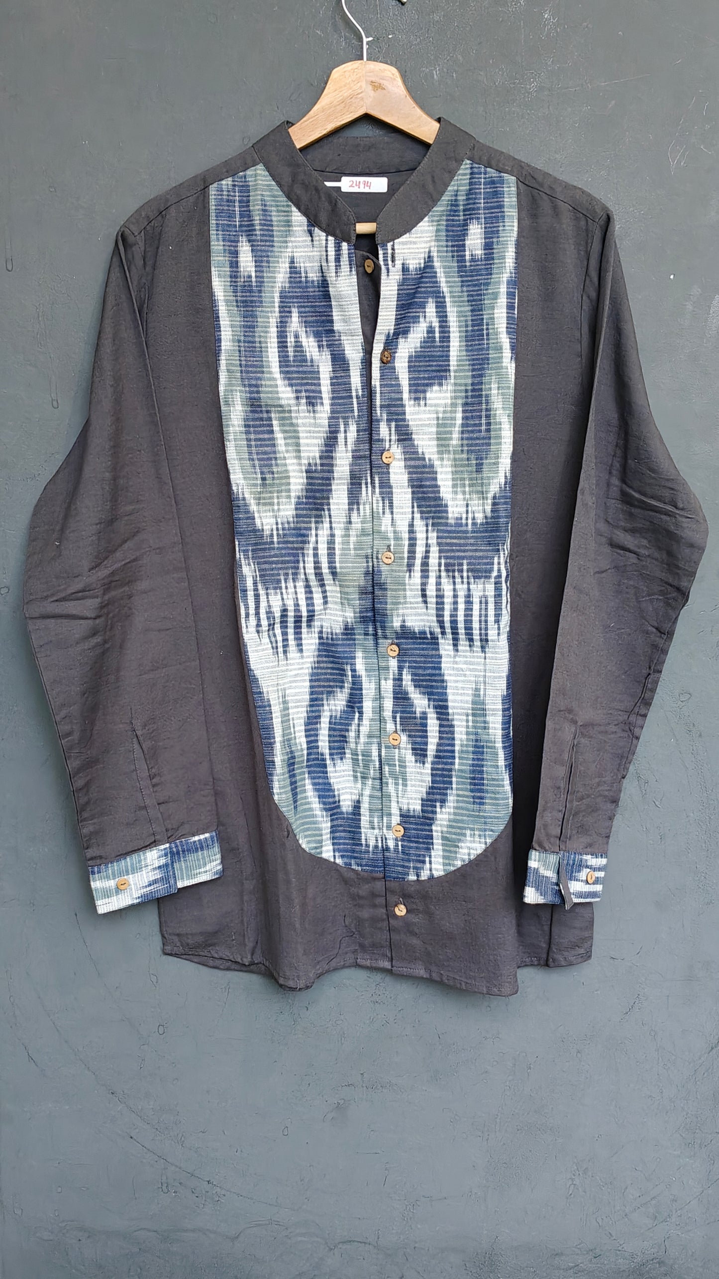Grey with handloom ikat front panel full sleeved short kurta for men