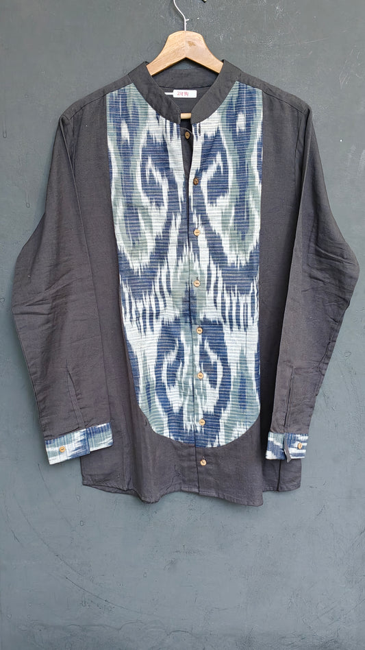 Grey with handloom ikat front panel full sleeved short kurta for men
