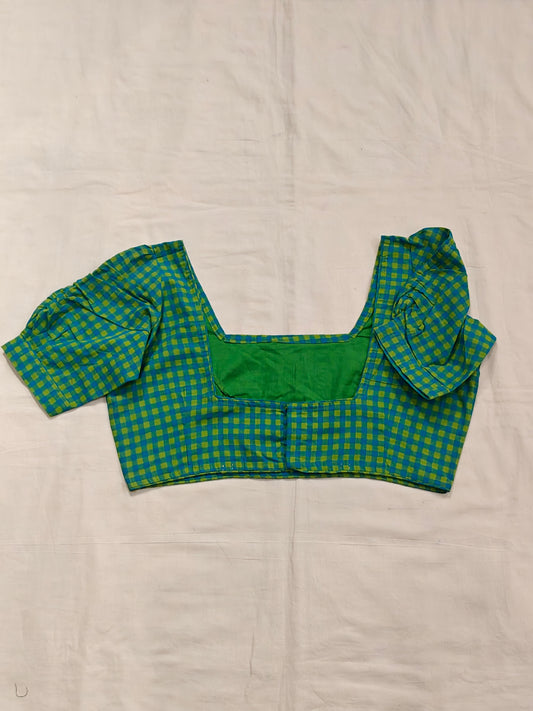 Green and blue checkered cotton puff sleeves blouse with low back