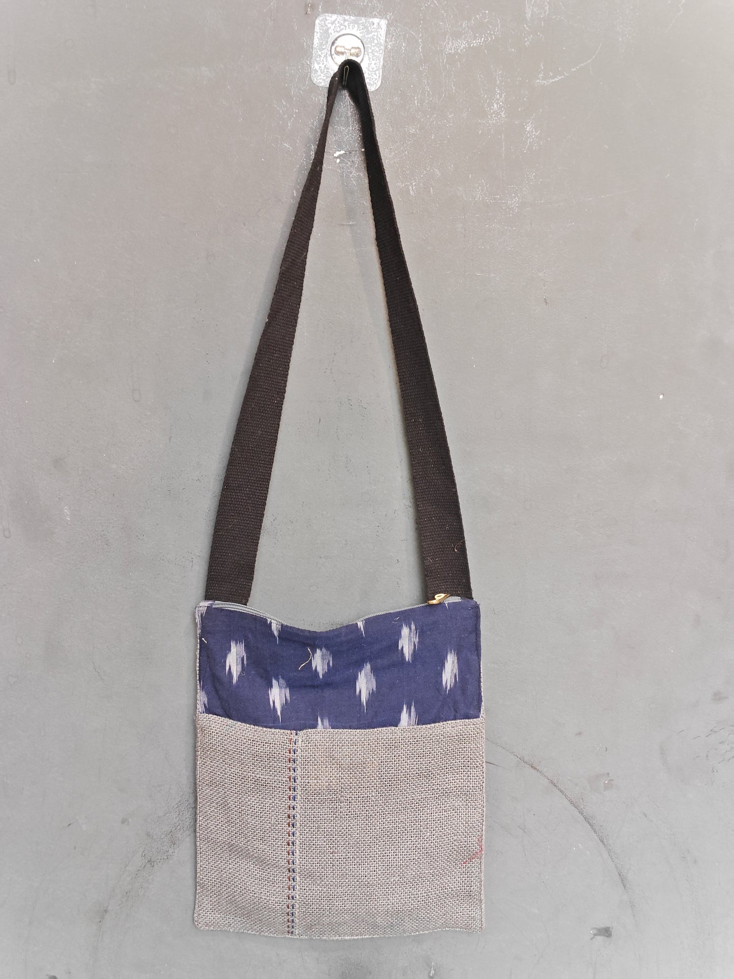 Handmade crossbody sling bag with multicolour fabric panels and jute