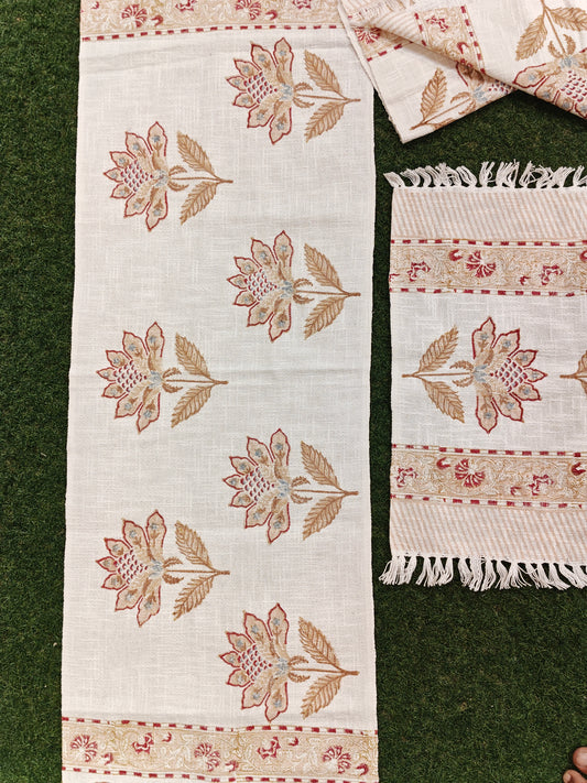 Table runner with 6 placemats - Floral handblock prints on jute cotton