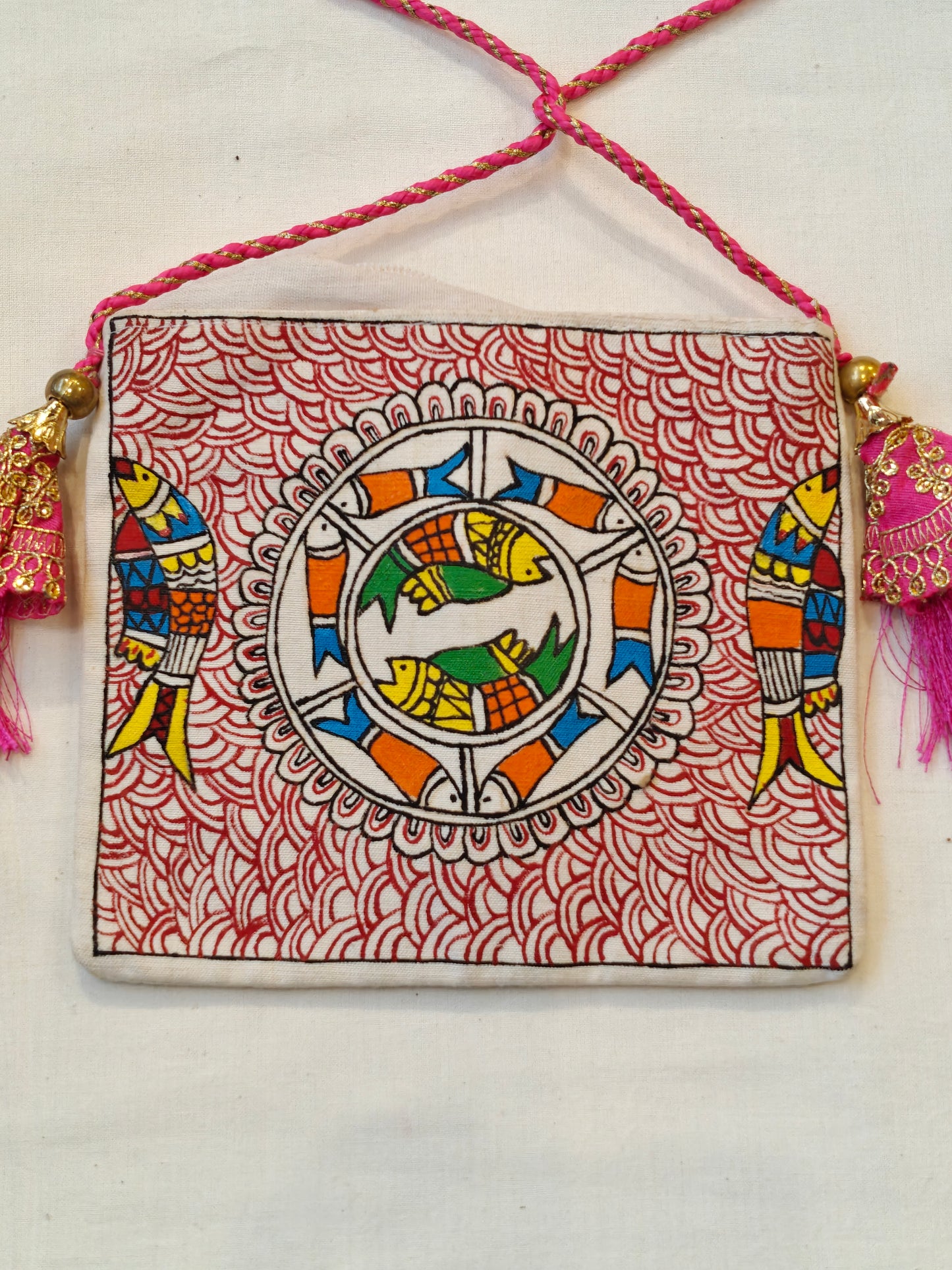 Handpainted on off white base fabric pouch with zipper closure, Tassles and sling - multiple designs available