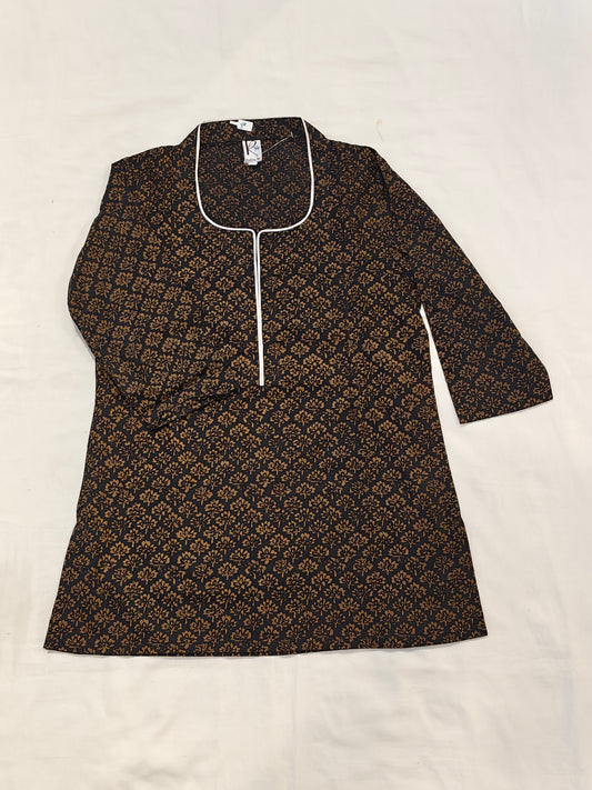 Black and brown printed cotton top with white piping
