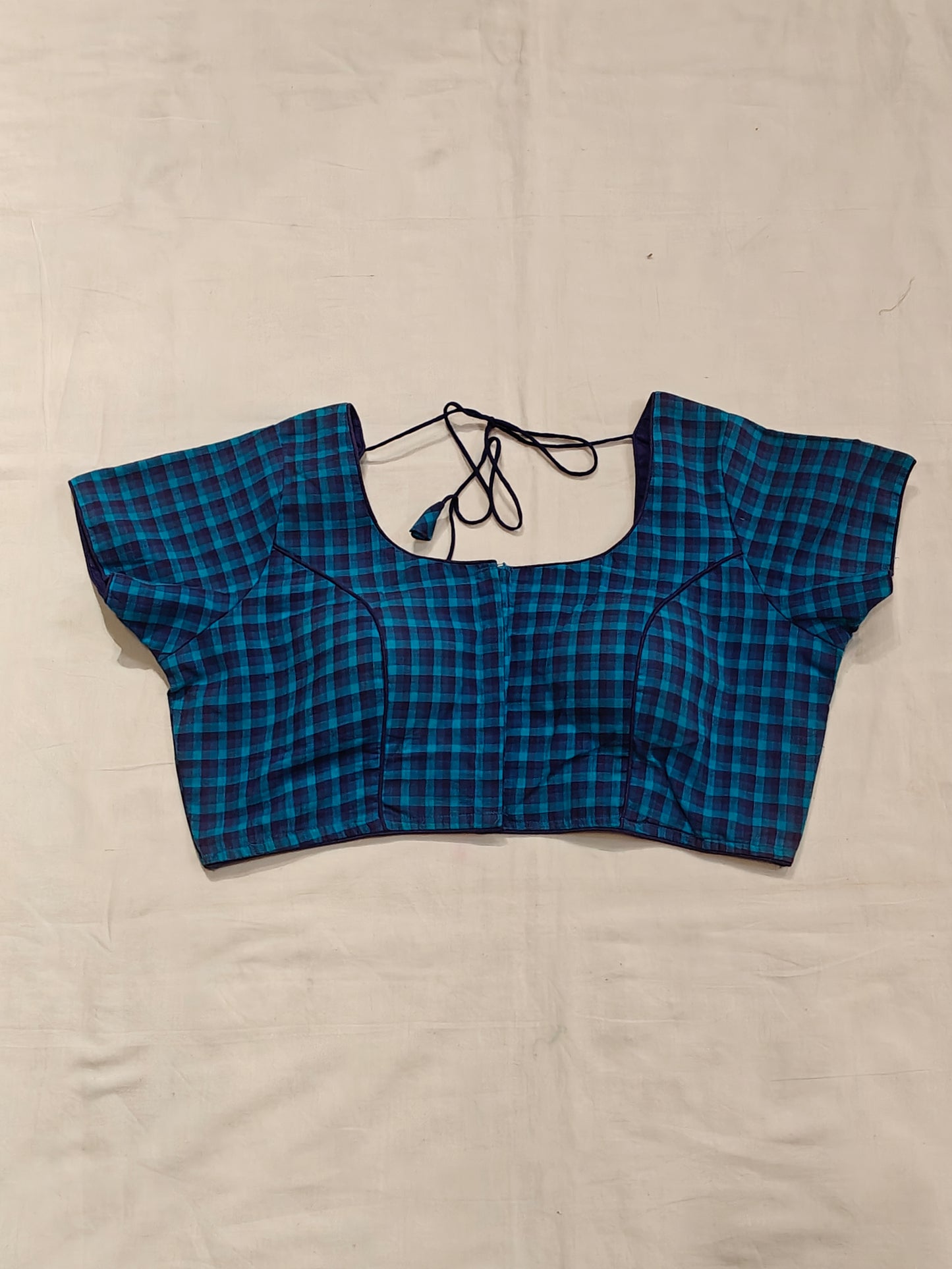 Blue checkered short sleeves handloom cotton blouse